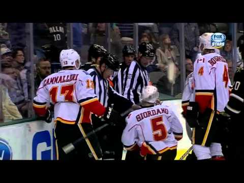 Brenden Morrow lawnchairs Mark Giordano Feb 17 2013 Calgary Flames vs Dallas Stars NHL Hockey