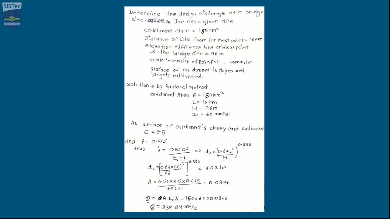 Design Discharge: Numerical on Rational Method,Economical Span|Ashraf Hussain|SISTec Gandhi Nagar