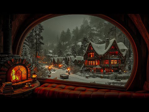 Glowing Winter Hamlet Seen from a Hobbit-Like Study Nook | Dark Academia Music for Reading & Writing