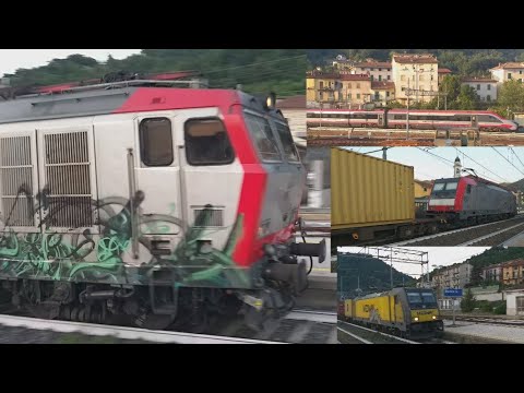 1 ora di orologio nella stazione di Ronco Scrivia con super strombazzate di treni merci tramonto