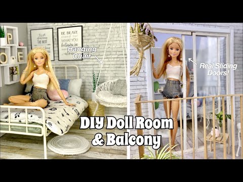 DIY Barbie Doll Room & Balcony! Real Sliding Doors + Hanging Doll Chair!