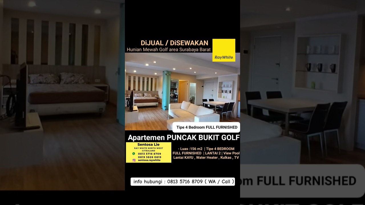 New Baru Dijual Apartemen Puncak Bukit Golf Tipe 4 Bedroom Full Furnished Plus 4 Unit Ac, Tv, Water Heater, Kulkas Dll - Lantai 2 - View Pool - Dekat Pakuwon Mall, Bukit Darmo Golf, Satoria Office, Fair Way Nine, Pasar Puncak Permai, Akses Tol Satelit