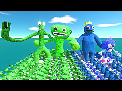 Rainbow Friends Green + Jumbo Josh vs Rainbow Friends Blue + Sonic - Animal Revolt Battle Simulator