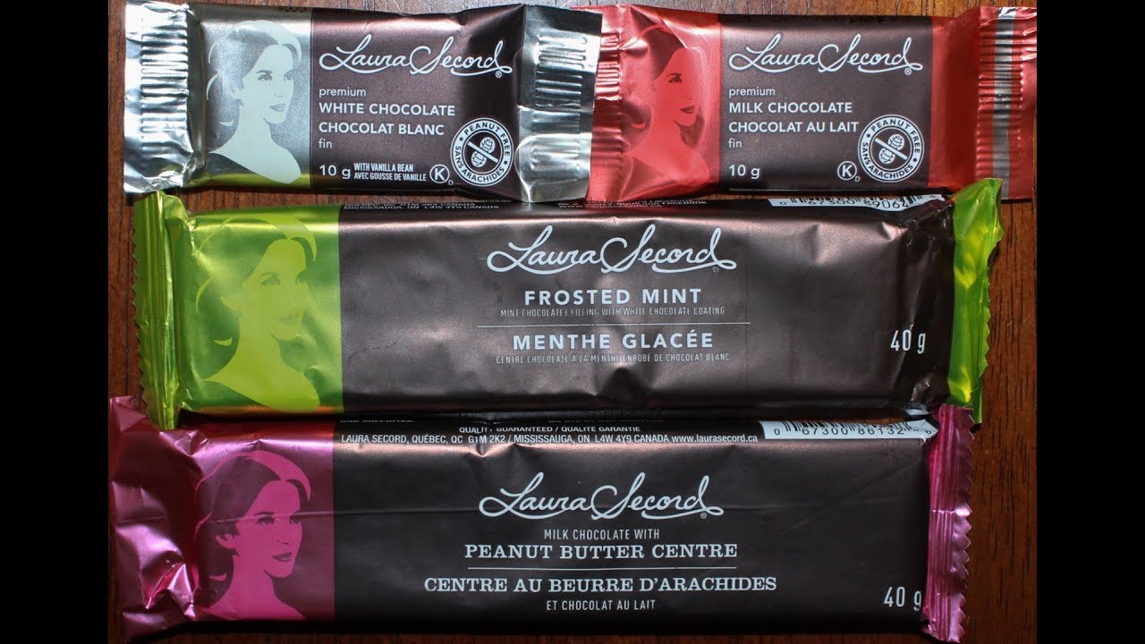 Laura Secord White Chocolate, Milk Chocolate, Frosted Mint, Milk Chocolate with Peanut Butter Centre