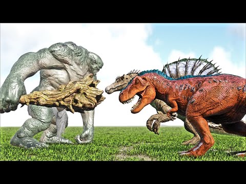 GIANT CYCLOPS VS T-REX AND ESPINOSSAURUS PUGNACIA (ARK SURVIVAL EVOLVED DEADLY BATTLE DINOSAURO)