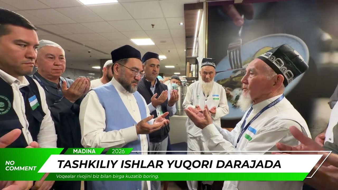 🕌 MUFTIY HAZRAT MADINA SHAHRIDAGI ZIYORATCHILAR HOLIDAN XABAR OLIB, BIRGA NONUSHTA QILDI. #haj2026