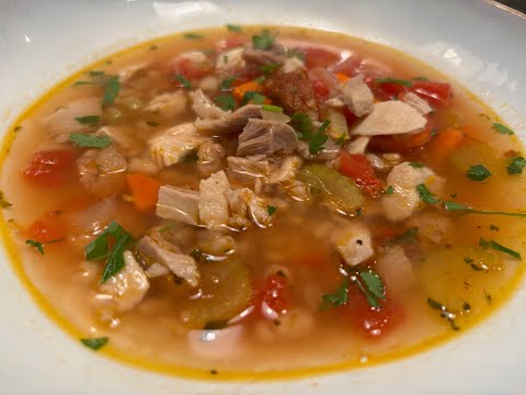 The most Delicious Soup using leftover Turkey!! Turkey Soup with Sausage, Beans and Barley!!