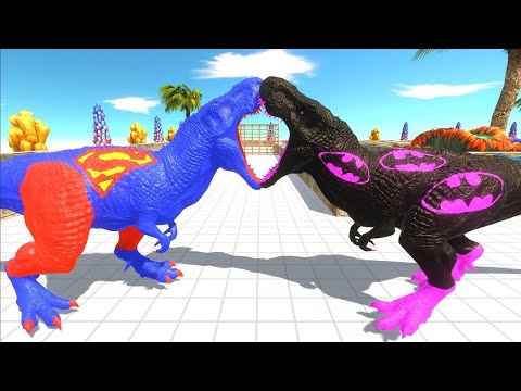 SUPERMAN T-REX vs BATMAN T-REX DEATH RUN - Animal Revolt Battle Simulator