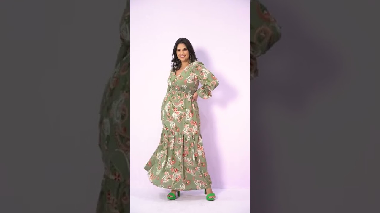 Vestido Vitória Manga Longa Floral Verde Plus Size