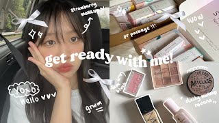 GET READY WITH ME 𐙚: daily makeup routine, skincare, pr unboxing, strawberry makeup🍓💌