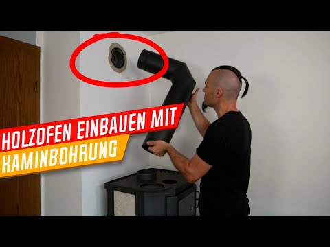 Kaminofen einbauen, Holzofen anschließen, Ofenmontage mit Kaminbohrung, Wandfutter Kamin einbauen