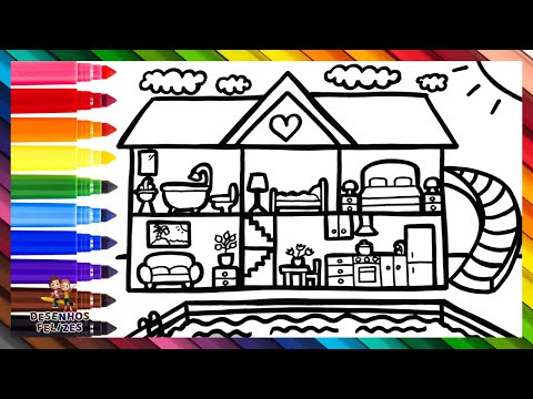 Desenhar e Colorir uma Casa com Piscina 🏡👙🌊🏊🌞🌈 Desenhos para Crianças