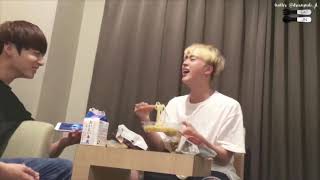 Jin crying eating noodles and RM walking in