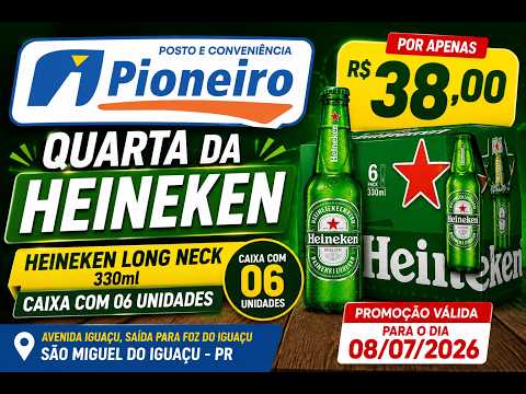 Quarta da Heineken no Posto e Conveniência Pioneiro oferece caixa com seis Long Necks por R$ 38,00