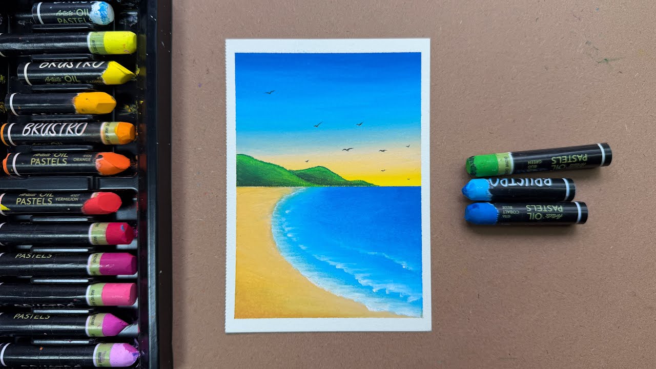 Easy Beach Sunset Drawing with Oil Pastels | Step-by-Step Seascape Tutorial