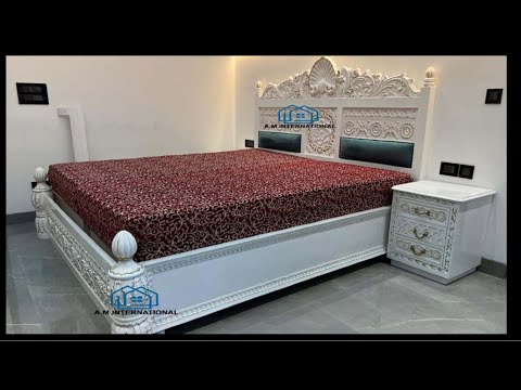 Teak wood white deco royal king size double bed, for home, s...