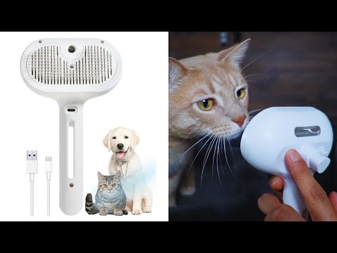 Pet Steam Brush for Dog & Cat - 3-in-1 Steam Grooming Brush for Shedding & Hair Removal - Self Cleaning Spray Comb with Mist for Long Haired Pets - Includes 1*Waterless Shampoo, Blue. video review thumbnail