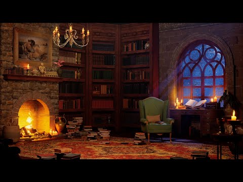 Old Library Room | Study Ambience | Crackling Fireplace Sounds, Howling Wind