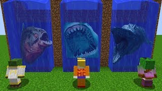 NO ATRAVIESES LA CASCADA EQUIVOCADA EN MINECRAFT !! CASCADA DE PIRANHA MEGALODON Y MOSASAURUS