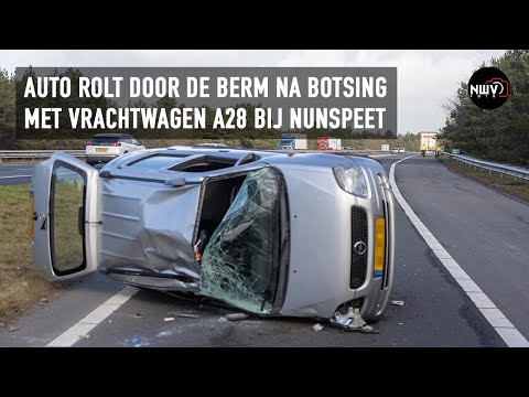 Collision between car and truck, car slams over several times