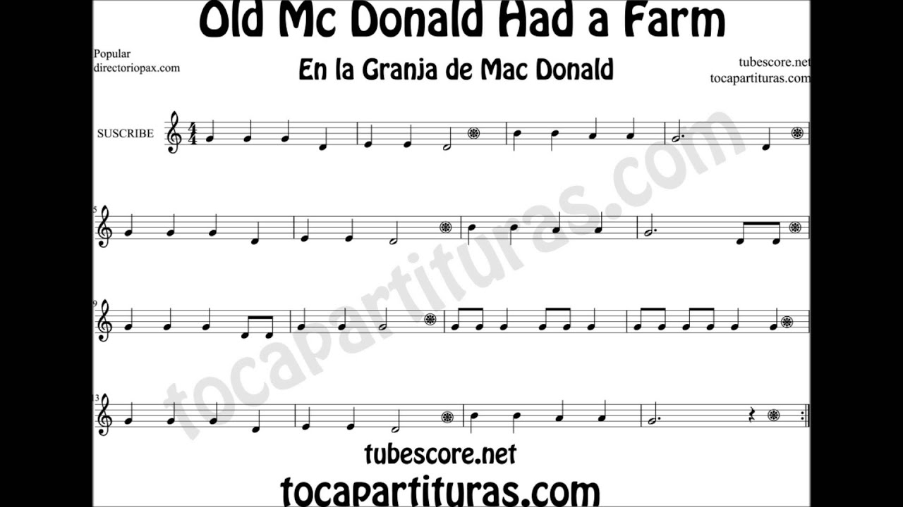 Old Mc Donald Had a Farm Sheet Music for Flute Violin Sax Trumpet Clarinet Trombone Soprano