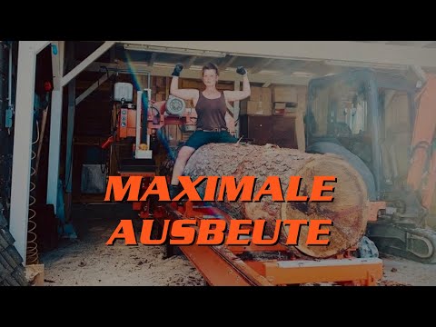 Ein großer Fichtenstamm wird maximal "ausgebeutet" | Die WOOD-MIZER LT20 auf Hochtouren