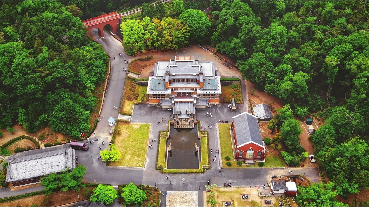Witness the enchanting aerial panorama of Meiji-mura Open-Air Museum.