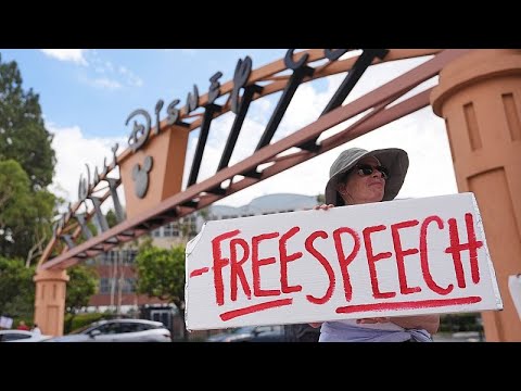 Video Thumbnail: Protesters gather outside Jimmy Kimmel’s studio after show suspension