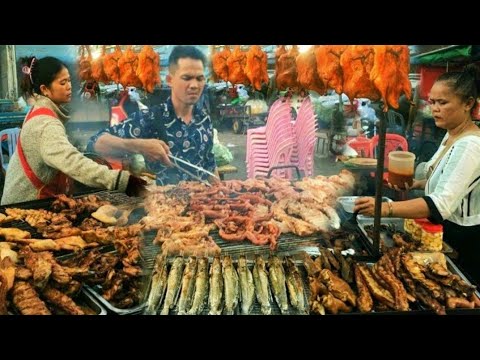Cambodian Street Food Compilation - Mixed Grilled Meat @ Orussey & Chhouk Meas Market, Phnom Penh