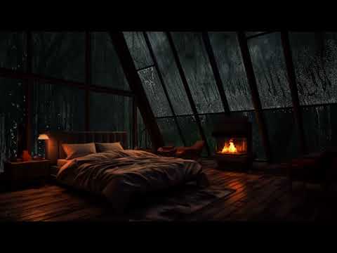 No Ads, Just Heavy Rain Forest on Windows of Cozy Attic Bedroom at Night w/ Fireplace