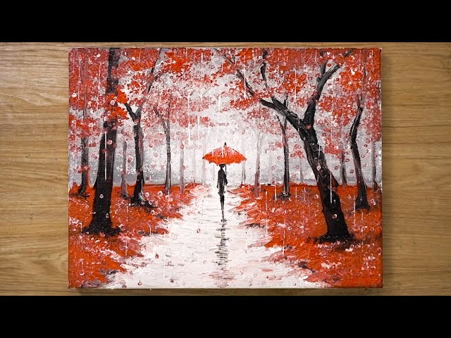 Walking in the rain red acrylic painting by Jay Lee