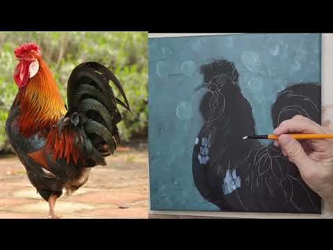 Acrylic Paint on Black Canvas: portrait of a rooster