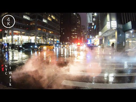 NYC Rainy Night Walk in Manhattan, New York 4K - Rain Sounds & Night City Ambience