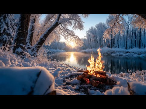 Winter Morning Campfire by the River 🔥 Fire Crackling, Cold Water & Quiet Forest Ambience