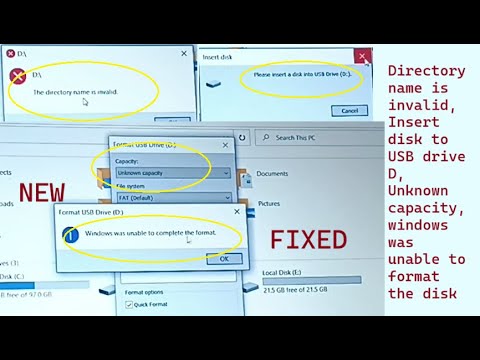 The directory name is invalid, insert disk to USB drive, Unknown capacity, Unable to format the disk