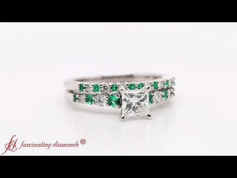 Graduated Princess Cut Diamond Wedding Ring Set With Emerald In White Gold