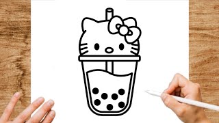 How to Draw Boba Hello Kitty - Cute Kawaii Drawing | Easy Step by Step Tutorial