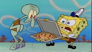 Squidward trying to get a pizza from Spongebob