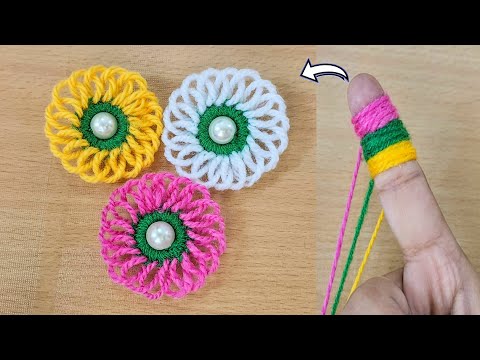 Super Easy Woolen Flower Making Trick with Finger - Hand Embroidery Amazing Flower Design