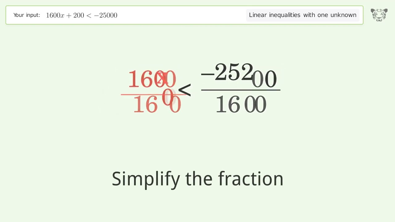 1600x+200 less than -25000 - Solve linear inequalities with one unknown