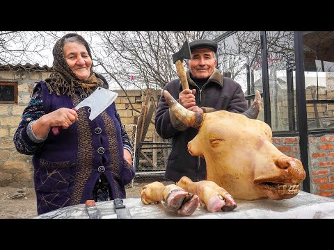 KHASH! Making Delicious Soup from a BIG BEEF HEAD in the Village! Traditional Azerbaijani Food!