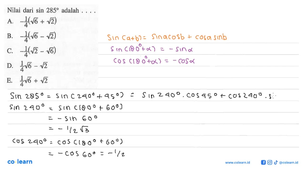 Nilai dari sin 285 adalah