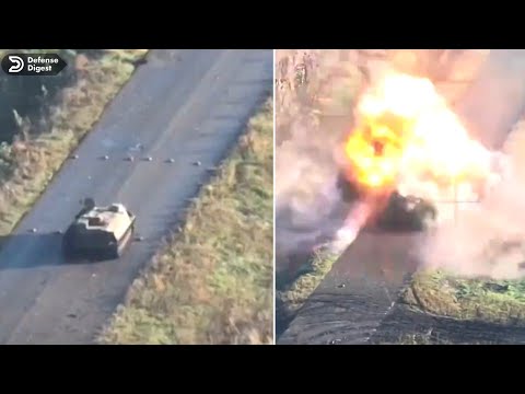 Russian soldier blindly drives tank over clearly visible row of land mines and explodes