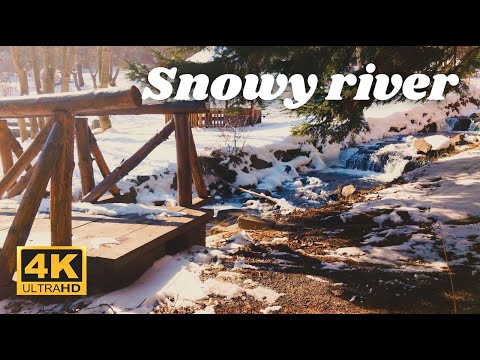 4K HDR Snowy River - Winter Stream & waterfalls - Relaxing nature video - White Noise for baby sleep