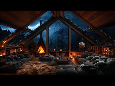 Cozy Attic Living Room Thunderstorm - Rain, Fireplace, and Lightning Ambience