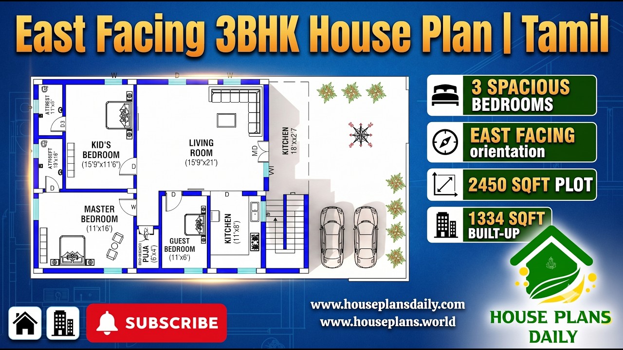 East Facing 3BHK House Plan | Tamil