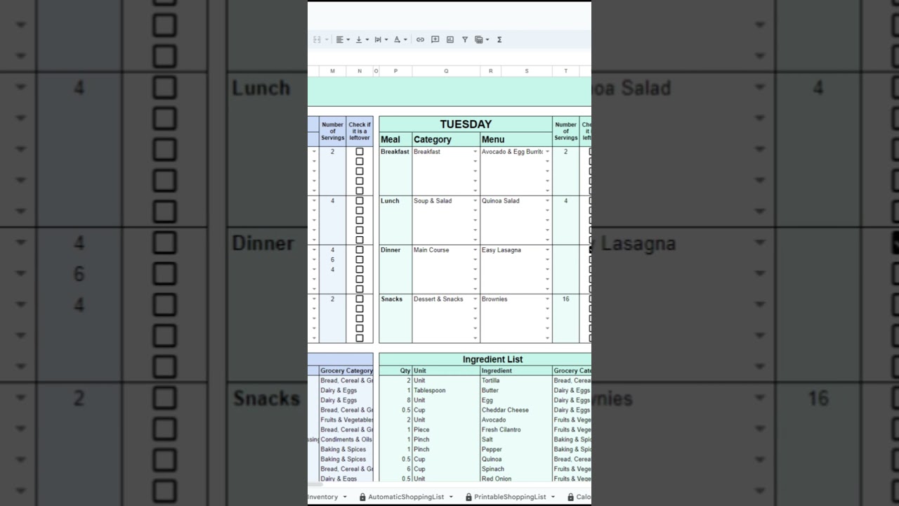Weekly Meal Planner Spreadsheet Template #spreadsheets #shorts
