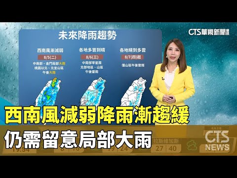 西南風減弱降雨漸趨緩　仍需留意局部大雨