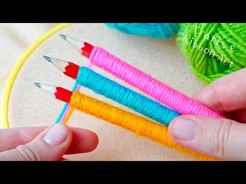 It's so Beautiful !!  2 Super Easy Woolen Flower Craft Ideas with Pencil - Hand Embroidery Trick