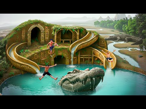 100 Days Building a Crocodile Water Slide into Underground Swimming Pool Using Primitive Tools